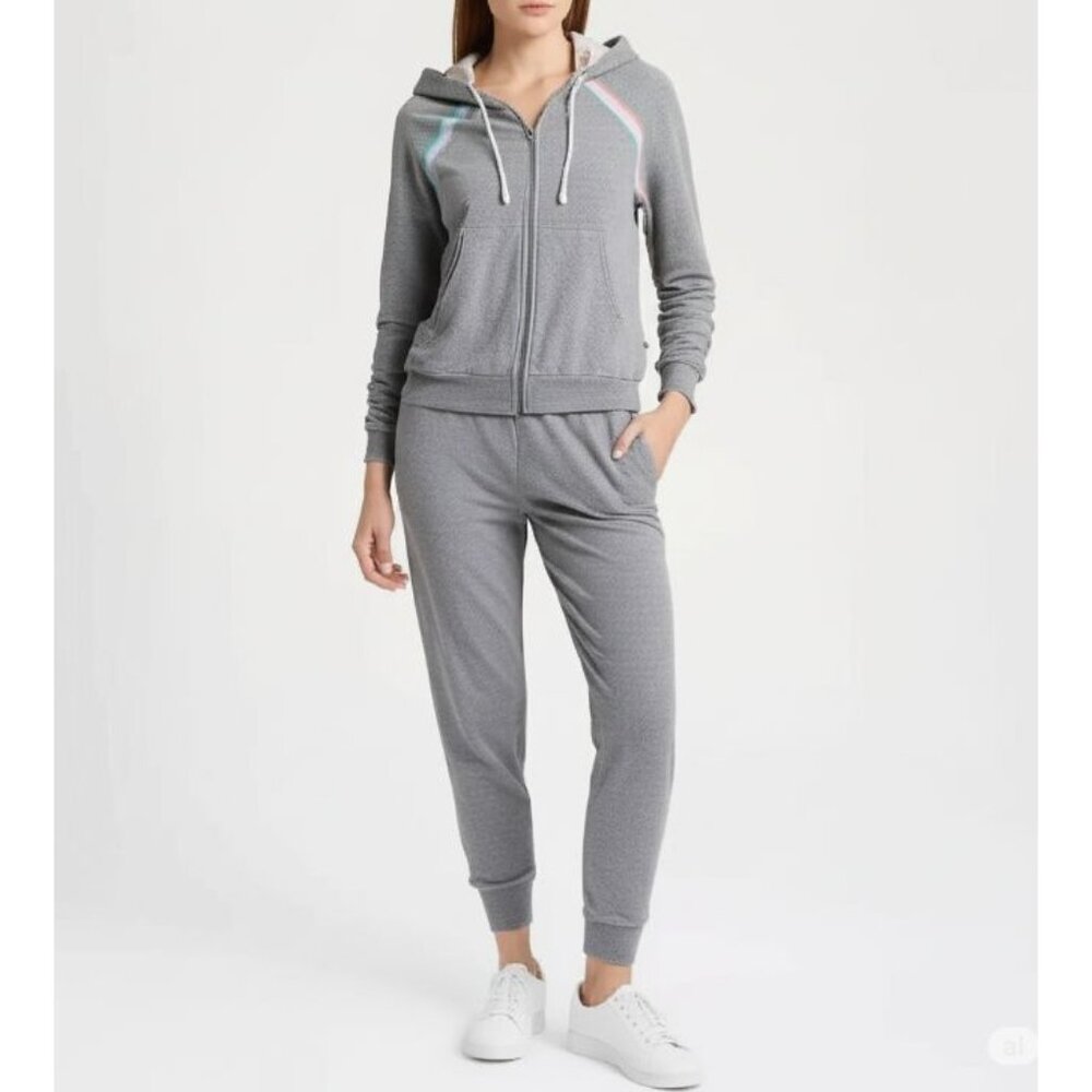 P.J. Salvage Cozy Hoodie Loungewear Gray Heather Rainbow Stripe Zip-Up Women's L